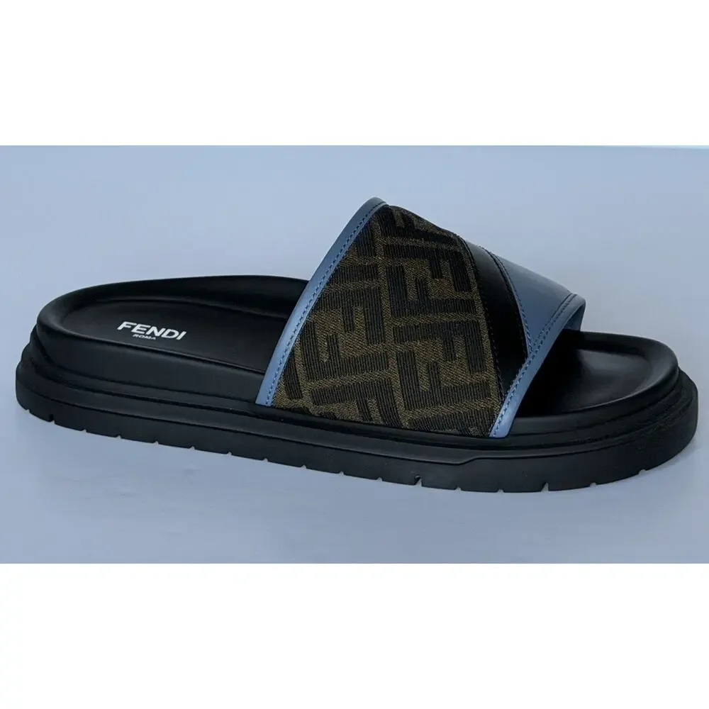 Fendi Men's FF Diagonal Leather/Fabric Slide Sandals 10 US/9 UK 7X1674 NWT $595